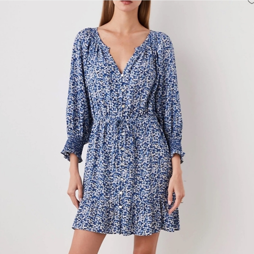 Rails Blue Floral Button-Front Smocked Mini Dress